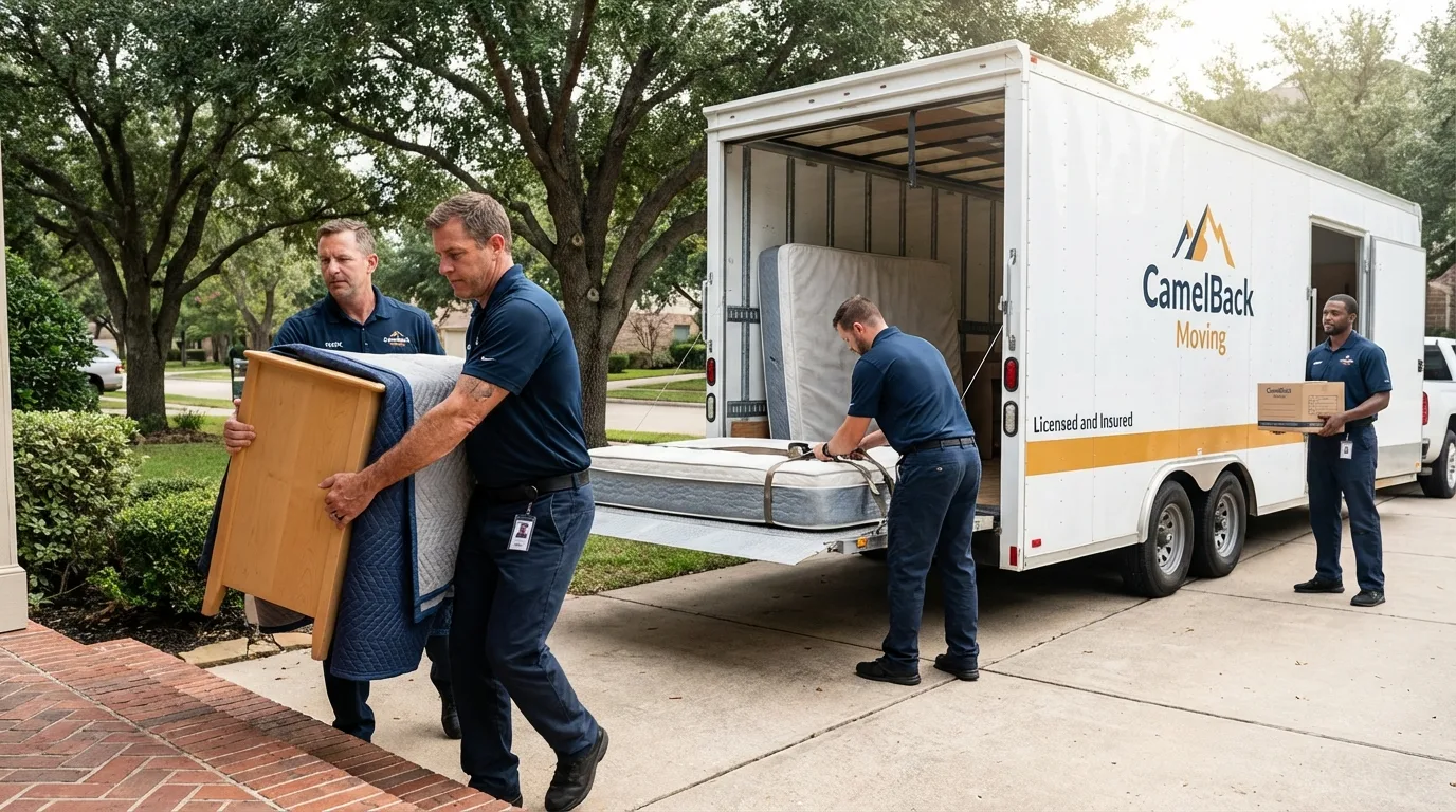 Crew loading residential truck for cross-state move from Lyford, TX