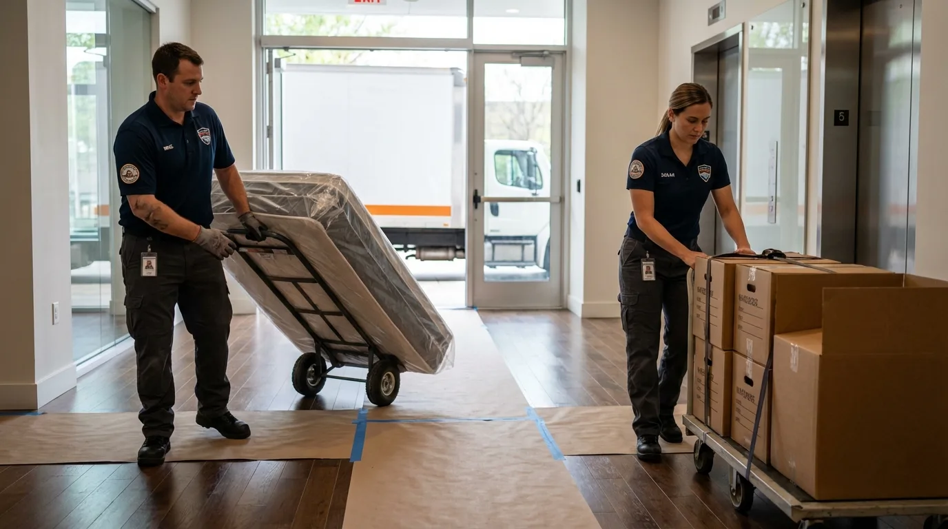 Professional apartment movers loading elevator in Lyford, TX
