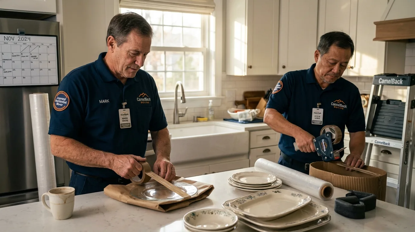 Professional crew packing kitchen dishware in Lyford, TX